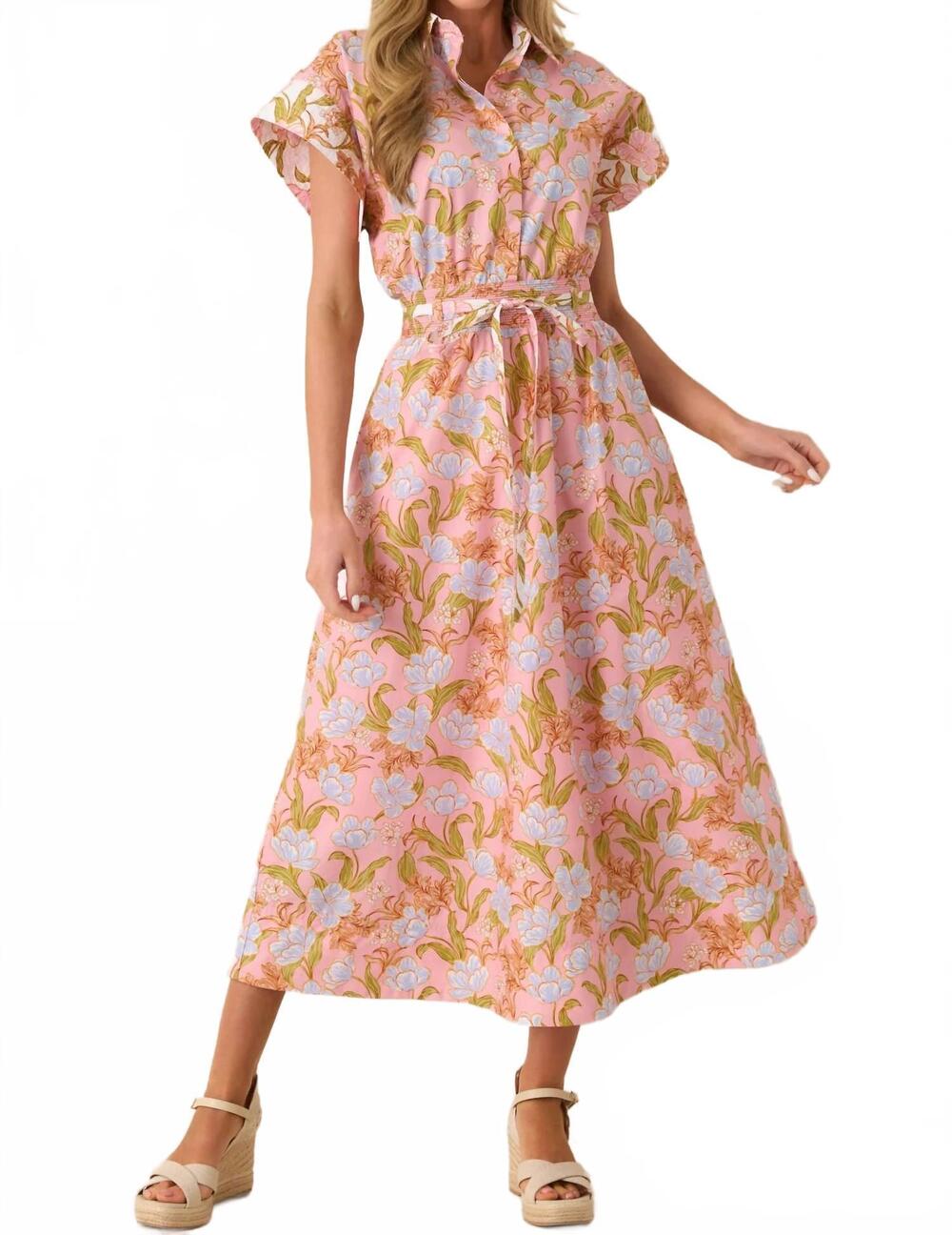 NEW STRUT & BOLT floral print block shirt midi dress in multi